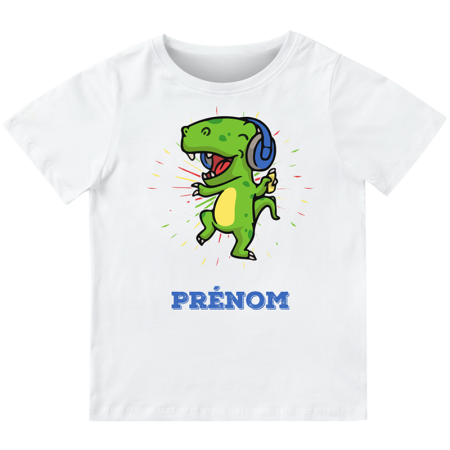 t-shirt enfant personnalisé avec un dinosaure qui écoute de la musique