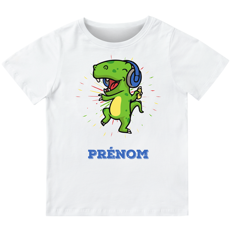 t-shirt enfant personnalisé avec un dinosaure qui écoute de la musique