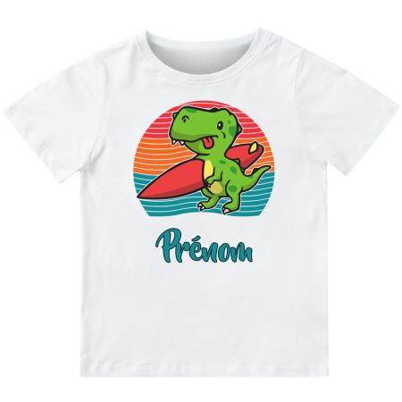 T-shirt enfant personnalisé avec un dinosaure qui surf