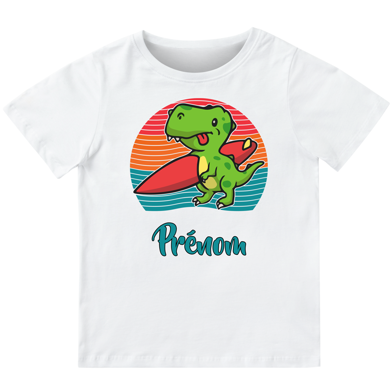 T-shirt enfant personnalisé avec un dinosaure qui surf