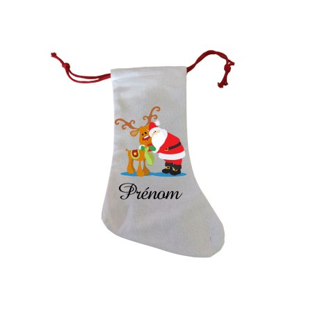 Chaussette personnalisée - Père noël et son cerf avec prénom